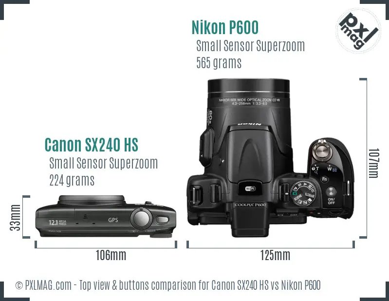 Canon SX240 HS vs Nikon P600 top view buttons comparison