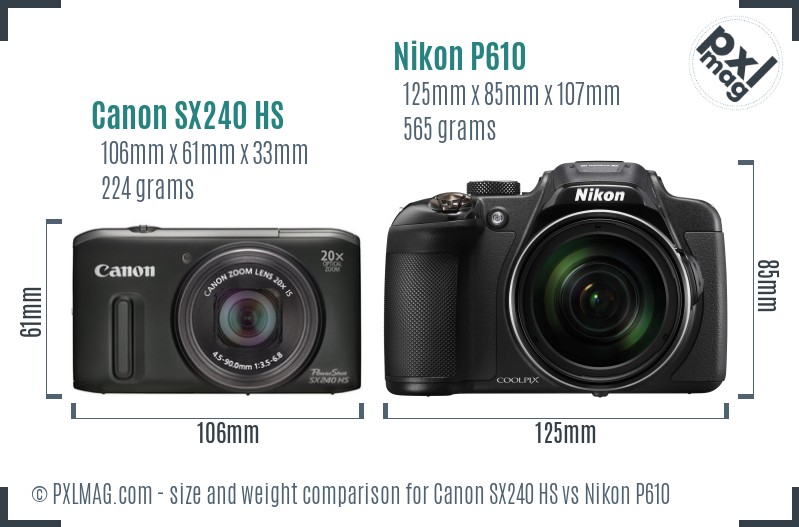 Canon SX240 HS vs Nikon P610 size comparison