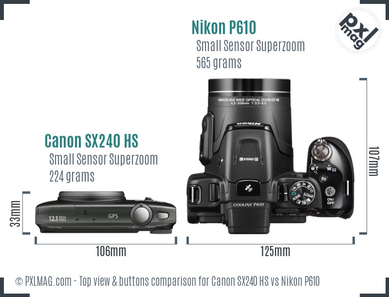 Canon SX240 HS vs Nikon P610 top view buttons comparison