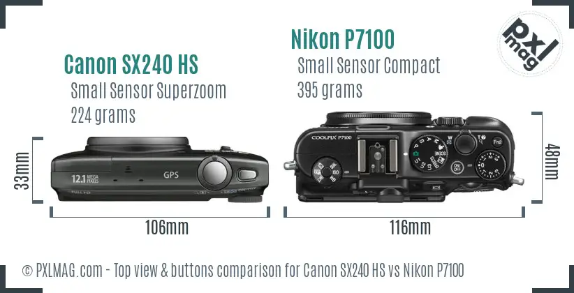 Canon SX240 HS vs Nikon P7100 top view buttons comparison