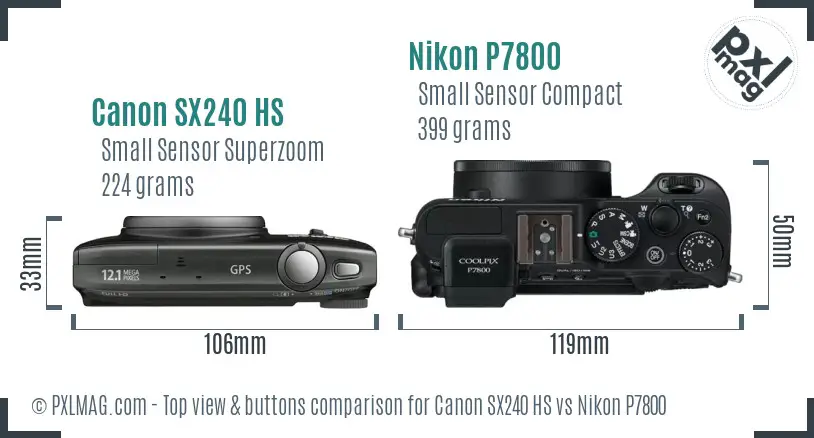 Canon SX240 HS vs Nikon P7800 top view buttons comparison