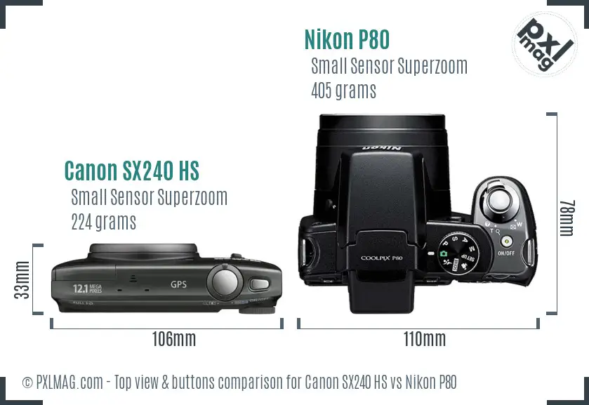 Canon SX240 HS vs Nikon P80 top view buttons comparison Canon SX240 HS vs Nikon P80 top view buttons comparison