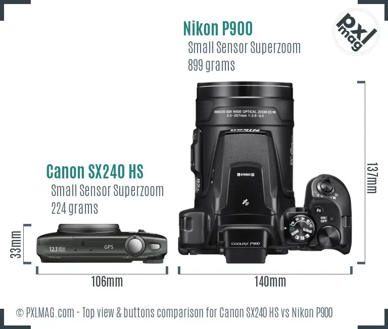 Canon SX240 HS vs Nikon P900 top view buttons comparison Canon SX240 HS vs Nikon P900 top view buttons comparison