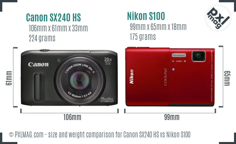 Canon SX240 HS vs Nikon S100 size comparison