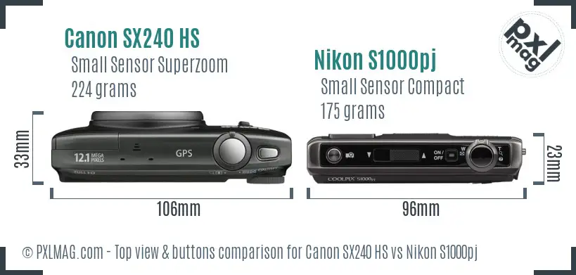 Canon SX240 HS vs Nikon S1000pj top view buttons comparison Canon SX240 HS vs Nikon S1000pj top view buttons comparison