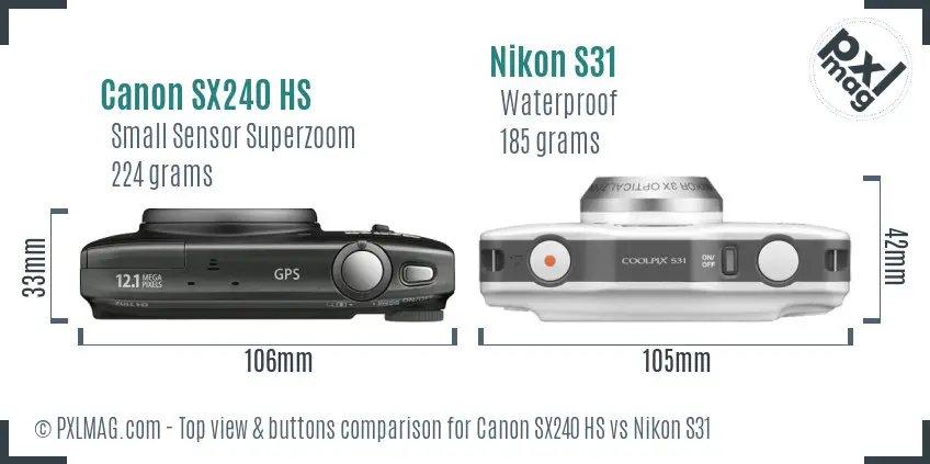 Canon SX240 HS vs Nikon S31 top view buttons comparison Canon SX240 HS vs Nikon S31 top view buttons comparison