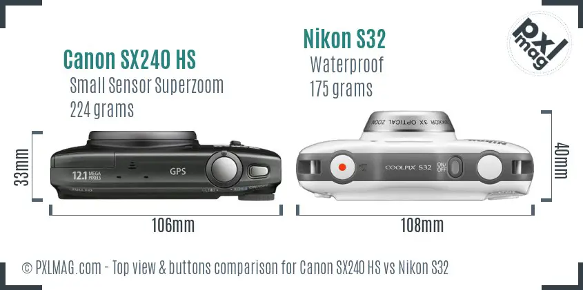 Canon SX240 HS vs Nikon S32 top view buttons comparison