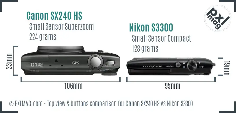 Canon SX240 HS vs Nikon S3300 top view buttons comparison