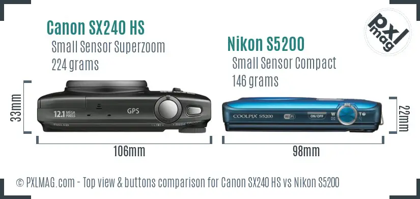 Canon SX240 HS vs Nikon S5200 top view buttons comparison Canon SX240 HS vs Nikon S5200 top view buttons comparison