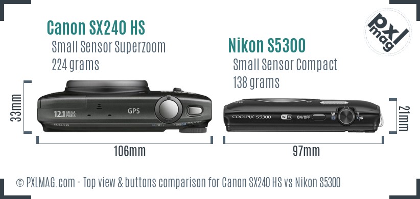Canon SX240 HS vs Nikon S5300 top view buttons comparison