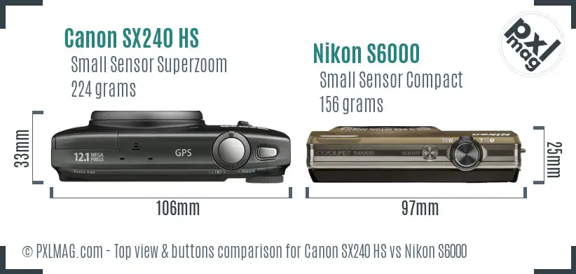 Canon SX240 HS vs Nikon S6000 top view buttons comparison