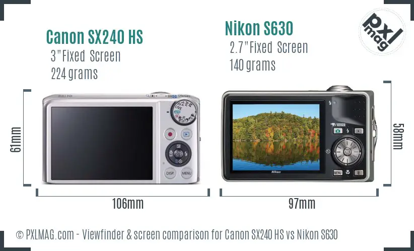 Canon SX240 HS vs Nikon S630 Screen and Viewfinder comparison