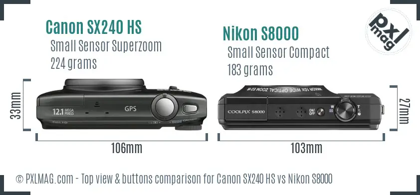 Canon SX240 HS vs Nikon S8000 top view buttons comparison Canon SX240 HS vs Nikon S8000 top view buttons comparison