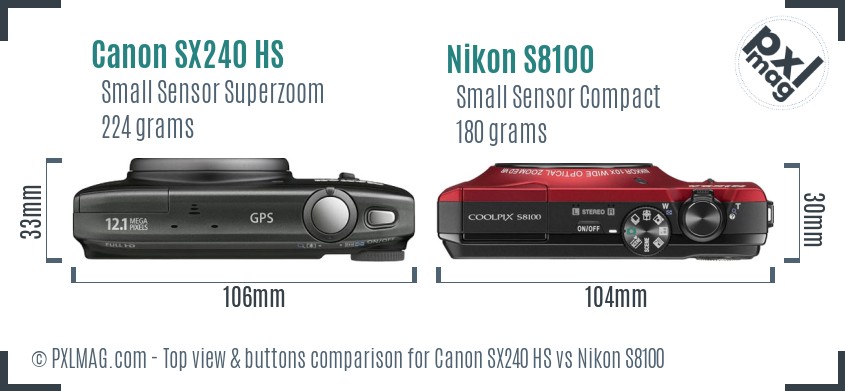 Canon SX240 HS vs Nikon S8100 top view buttons comparison