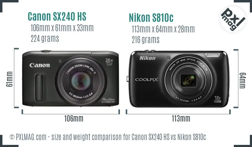 Canon SX240 HS vs Nikon S810c size comparison
