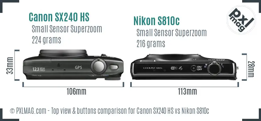 Canon SX240 HS vs Nikon S810c top view buttons comparison