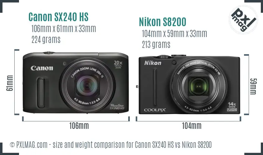 Canon SX240 HS vs Nikon S8200 size comparison
