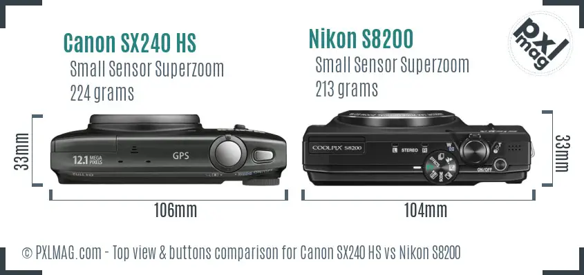 Canon SX240 HS vs Nikon S8200 top view buttons comparison