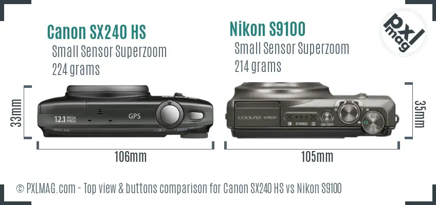 Canon SX240 HS vs Nikon S9100 top view buttons comparison Canon SX240 HS vs Nikon S9100 top view buttons comparison