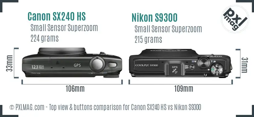 Canon SX240 HS vs Nikon S9300 top view buttons comparison Canon SX240 HS vs Nikon S9300 top view buttons comparison