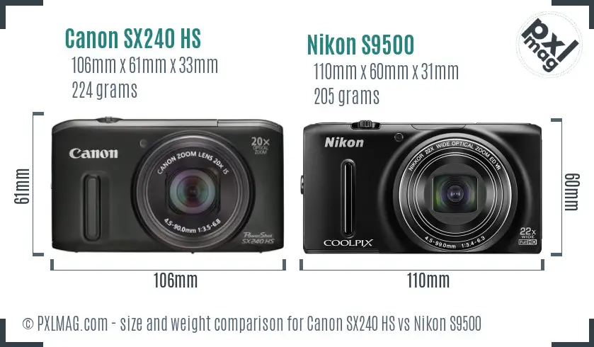 Canon SX240 HS vs Nikon S9500 size comparison