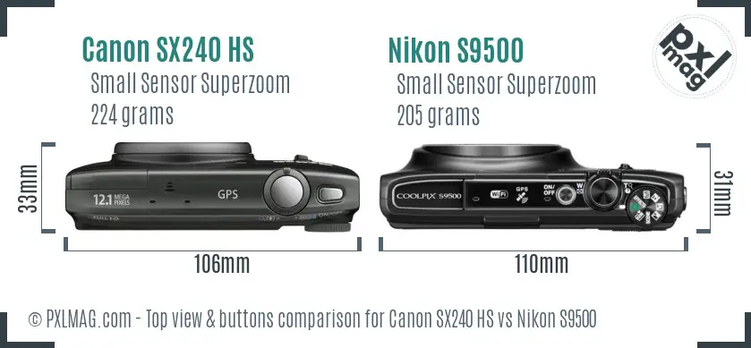 Canon SX240 HS vs Nikon S9500 top view buttons comparison
