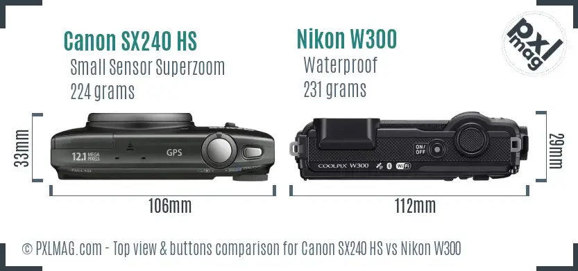 Canon SX240 HS vs Nikon W300 top view buttons comparison