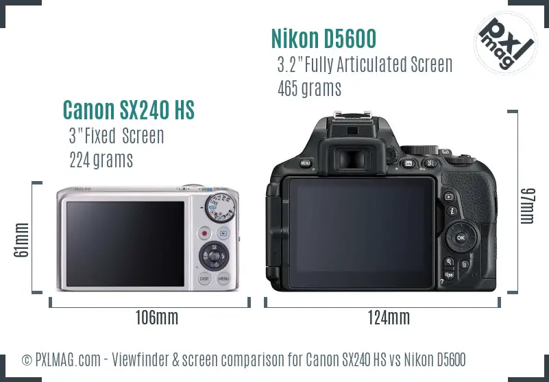 Canon SX240 HS vs Nikon D5600 Screen and Viewfinder comparison