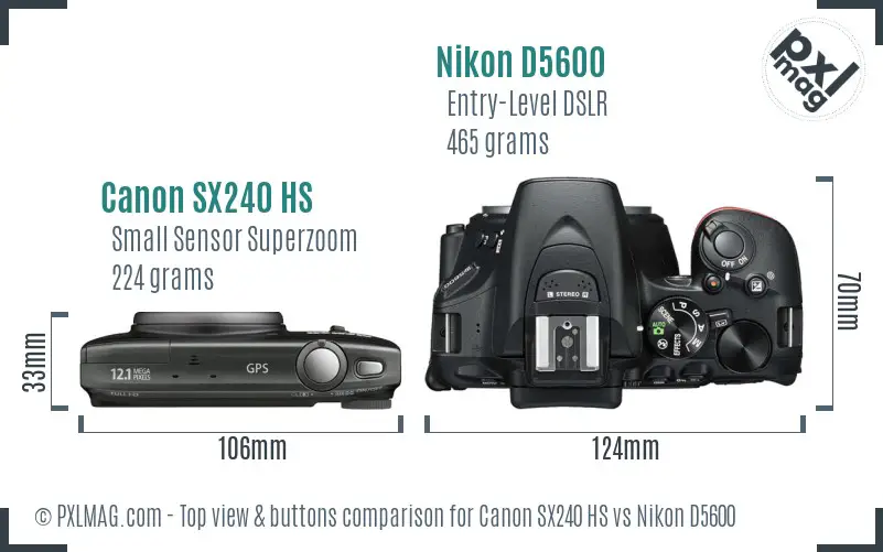 Canon SX240 HS vs Nikon D5600 top view buttons comparison