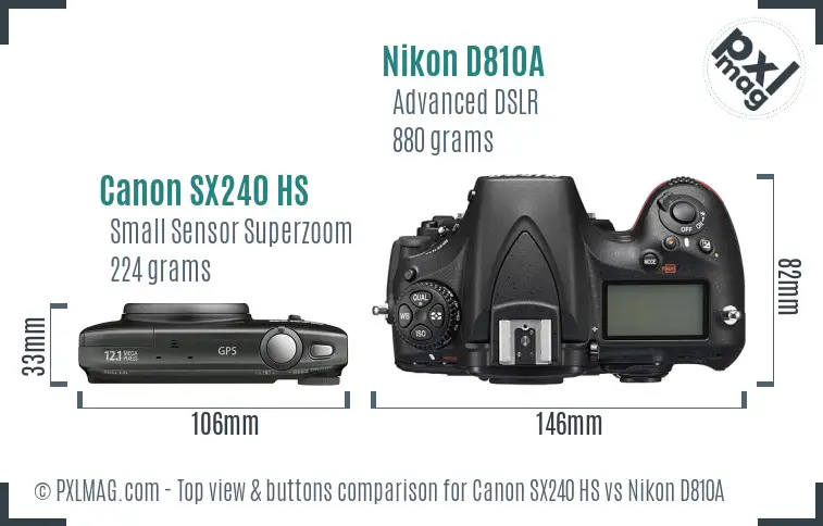 Canon SX240 HS vs Nikon D810A top view buttons comparison