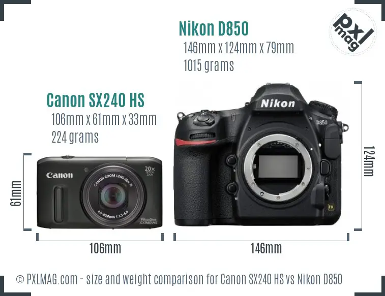 Canon SX240 HS vs Nikon D850 size comparison