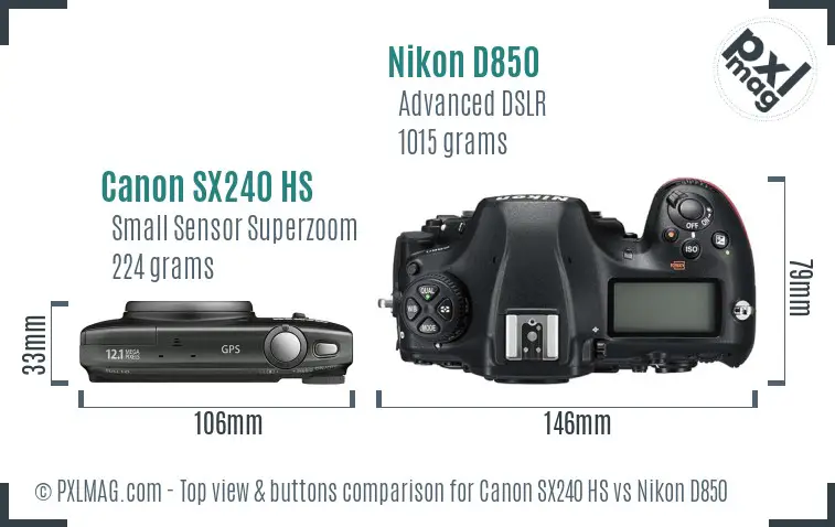 Canon SX240 HS vs Nikon D850 top view buttons comparison