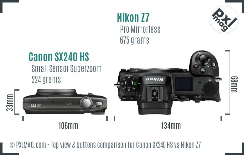 Canon SX240 HS vs Nikon Z7 top view buttons comparison