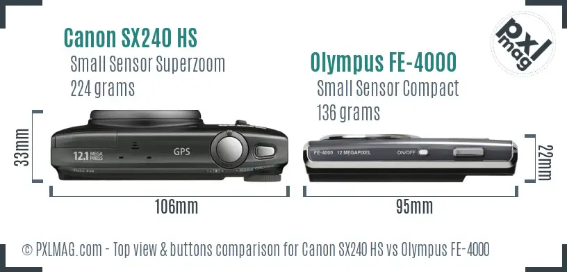 Canon SX240 HS vs Olympus FE-4000 top view buttons comparison