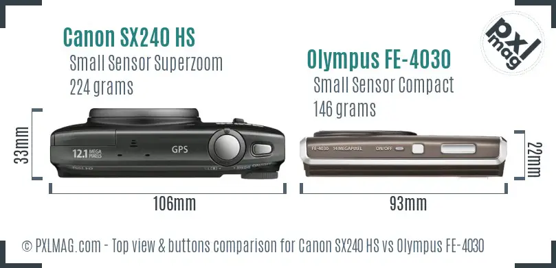 Canon SX240 HS vs Olympus FE-4030 top view buttons comparison