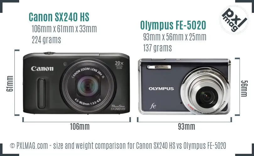 Canon SX240 HS vs Olympus FE-5020 size comparison