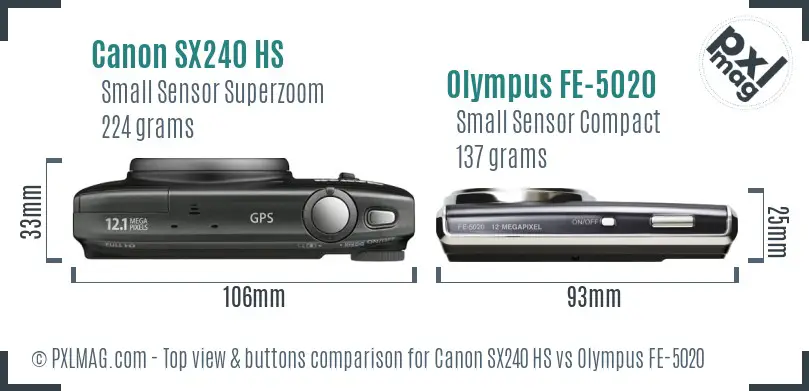 Canon SX240 HS vs Olympus FE-5020 top view buttons comparison