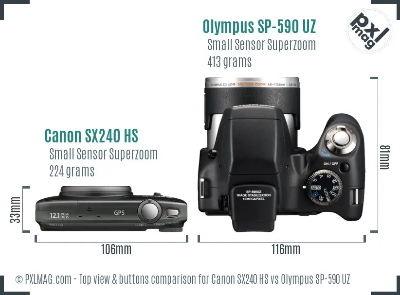 Canon SX240 HS vs Olympus SP-590 UZ top view buttons comparison