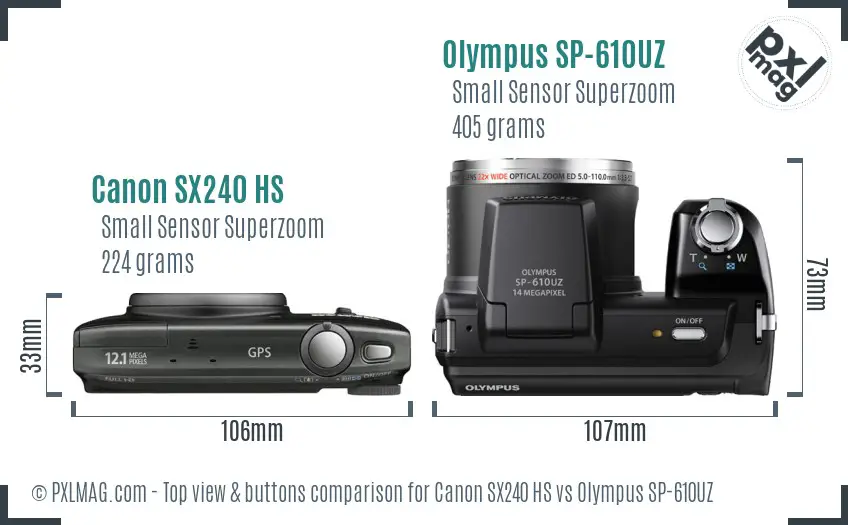 Canon SX240 HS vs Olympus SP-610UZ top view buttons comparison Canon SX240 HS vs Olympus SP-610UZ top view buttons comparison