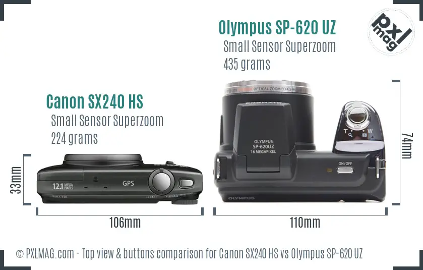 Canon SX240 HS vs Olympus SP-620 UZ top view buttons comparison Canon SX240 HS vs Olympus SP-620 UZ top view buttons comparison
