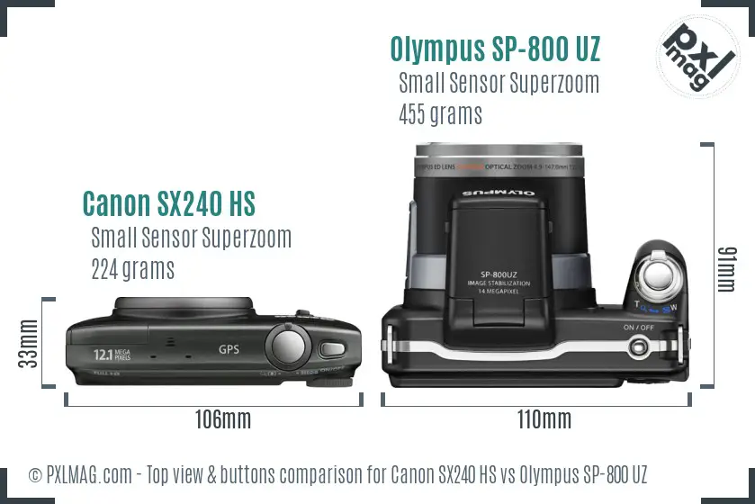 Canon SX240 HS vs Olympus SP-800 UZ top view buttons comparison Canon SX240 HS vs Olympus SP-800 UZ top view buttons comparison
