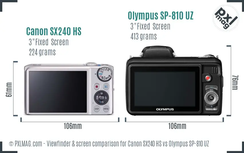 Canon SX240 HS vs Olympus SP-810 UZ Screen and Viewfinder comparison