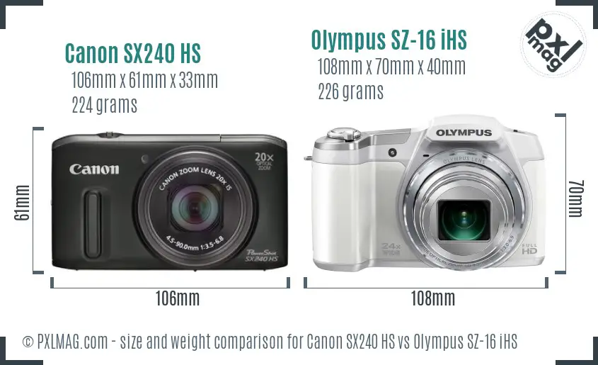Canon SX240 HS vs Olympus SZ-16 iHS size comparison