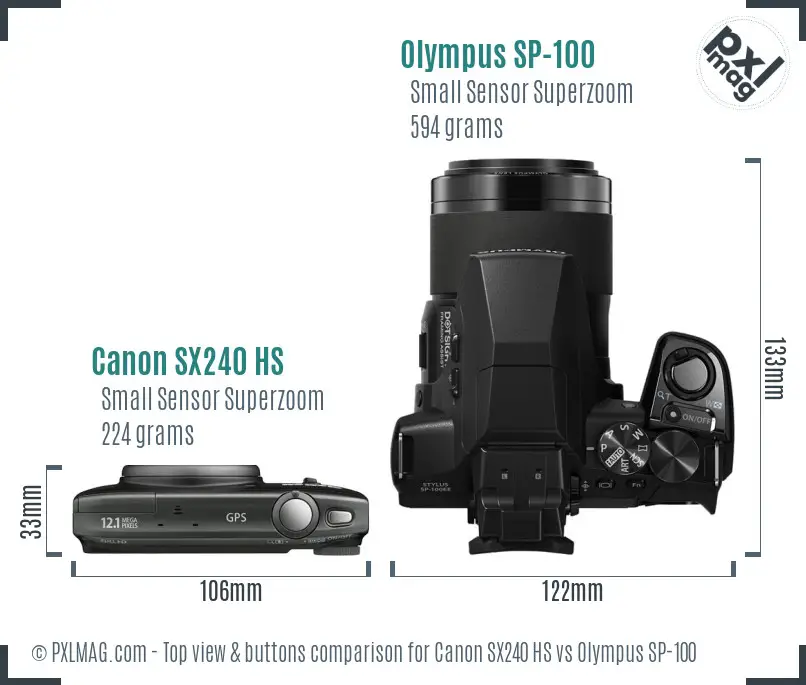 Canon SX240 HS vs Olympus SP-100 top view buttons comparison Canon SX240 HS vs Olympus SP-100 top view buttons comparison