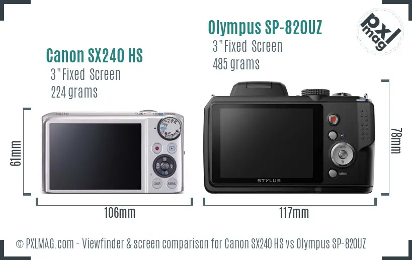 Canon SX240 HS vs Olympus SP-820UZ Screen and Viewfinder comparison