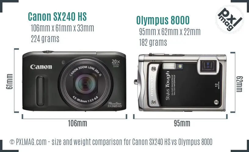 Side-by-side physical size comparison of Canon SX240 HS and Olympus Stylus Tough 8000
