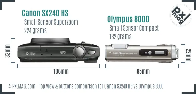 Top view of Canon SX240 HS and Olympus Stylus Tough 8000 showing control button layout