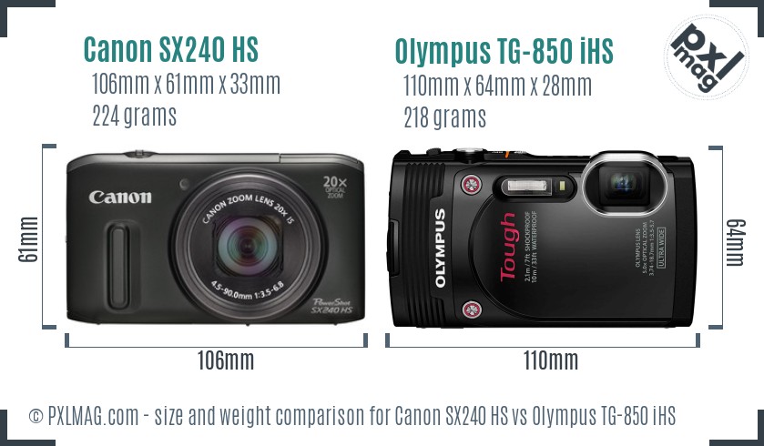 Canon SX240 HS vs Olympus TG-850 iHS size comparison