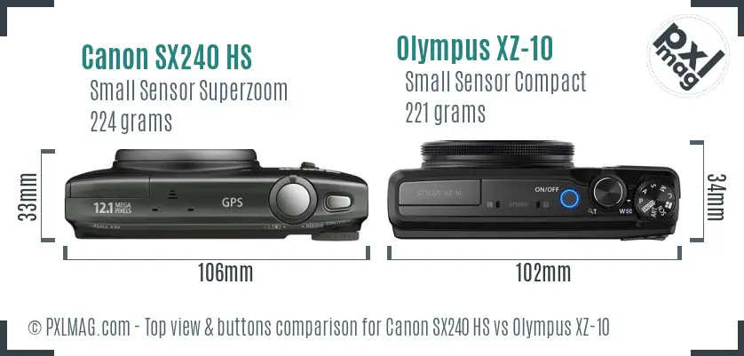Canon SX240 HS vs Olympus XZ-10 top view buttons comparison Canon SX240 HS vs Olympus XZ-10 top view buttons comparison
