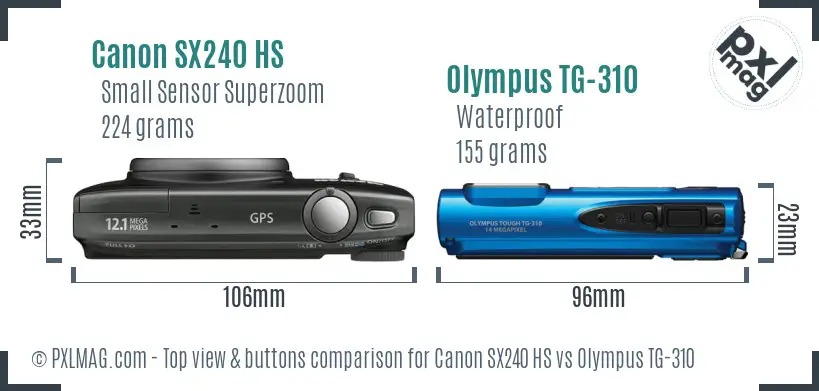 Canon SX240 HS vs Olympus TG-310 top view buttons comparison Canon SX240 HS vs Olympus TG-310 top view buttons comparison